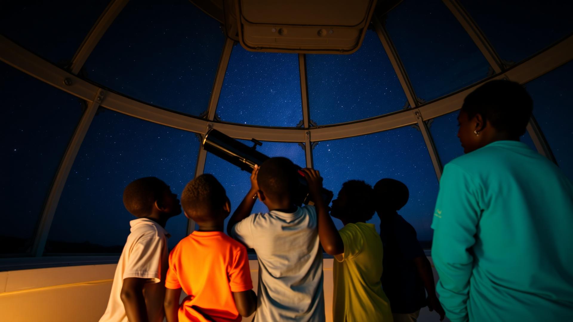 Students looking through telescope